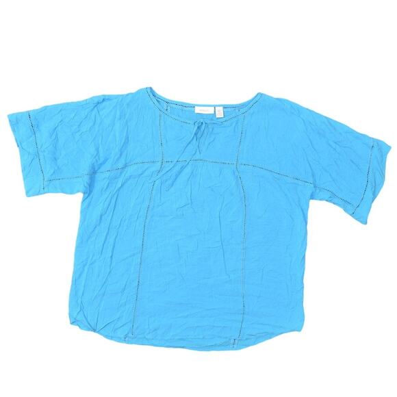 Chico's Blue Blouse Size 3 Rayon Women's Crew Neck Short Sleeve Solid - Picture 1 of 6